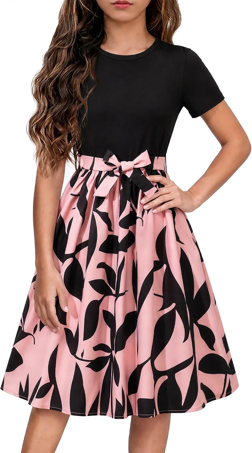 NEW 6-14 Years Girls Dress Short Sleeve Floral Print A-Line Bow Party Wedding Guest Church Midi Dress