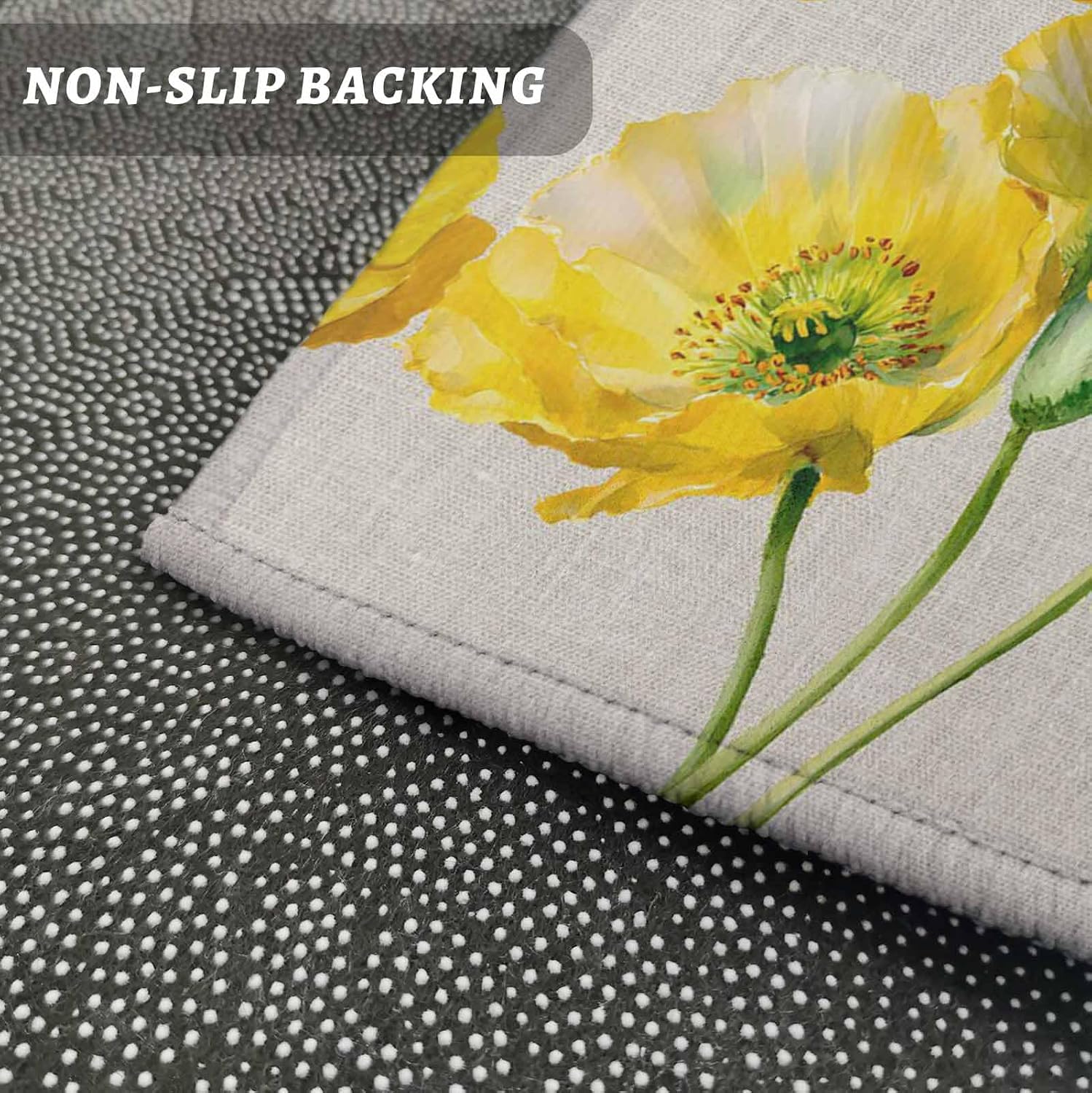Teamery Kitchen Mats for Floor Watercolor Yellow Poppies Washable Non Slip Kitchen Rugs 1PCS, Retro Country Botanical Absorbent Standing Mats for Sink Bathroom Office Living Room 23.6x70.9in