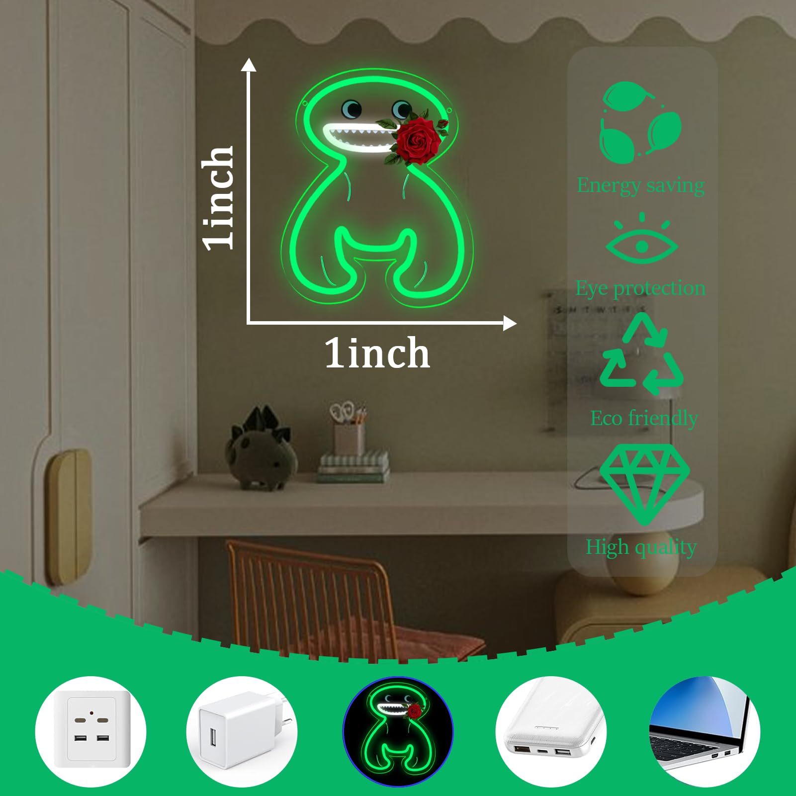 Letrero de neón de figura verde para decoración de pared, jardín, letrero con luz LED, luz de dibujos animados regulable para dormitorio de niños, sala de juegos, arte de pared, regalo de