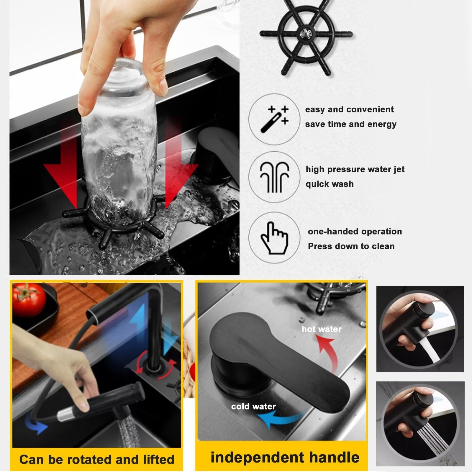 Fregadero De Cocina Con Grifo Extraíble 45×38 Cm De Acero Inoxidable 304 Con Lavavasos Y Kit De Instalación Completo Montaje Bajo Encimera/sobre Encimera Para Apartamentos Autocaravanas Bares