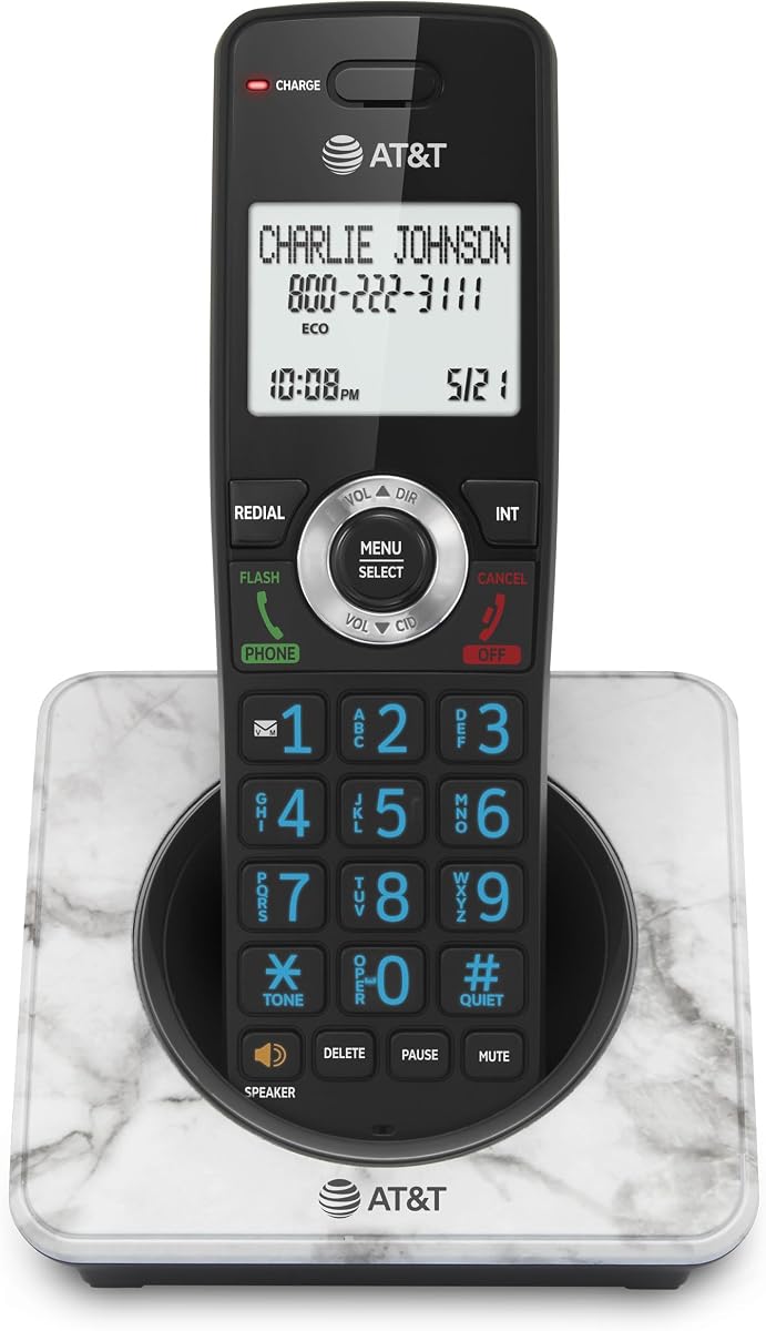 AT&T GL2101-1M Teléfono inalámbrico DECT 6.0 con bloqueo de llamadas - Mármol, identificador de llamadas, altavoz dúplex completo, pantalla retroiluminada de 2", teclado iluminado