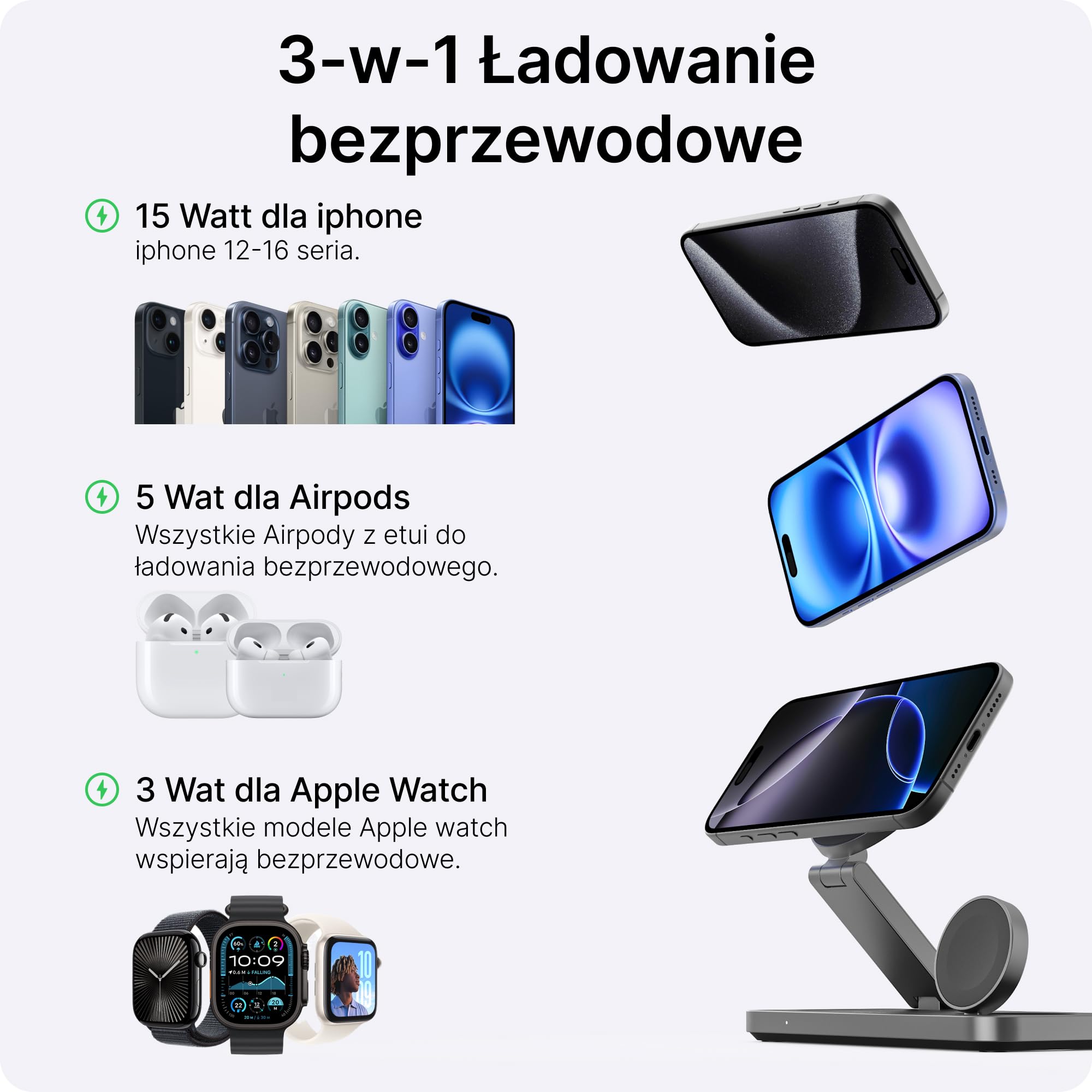VOOMY Stacja Ładowania Bezprzewodowa 3-w-1 15W – Aluminiowa Ładowarka Składana, Szybkie Ładowanie, Kompatybilna ze Smartfonami, Smartwatchami i Słuchawkami Bezprzewodowymi