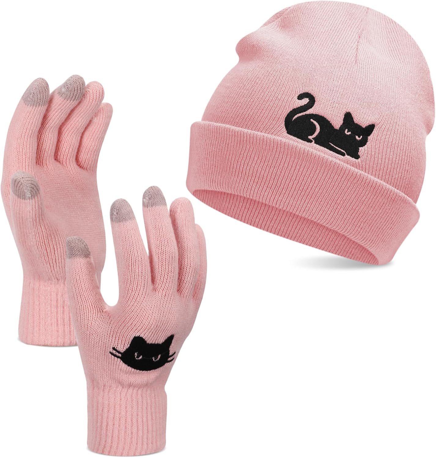 Vansolinne 猫 ビーニー 手袋 女性用 冬 ピンク 手袋 帽子 スラウチ ニット ママ ガールズ ギフト ソフトキャップ