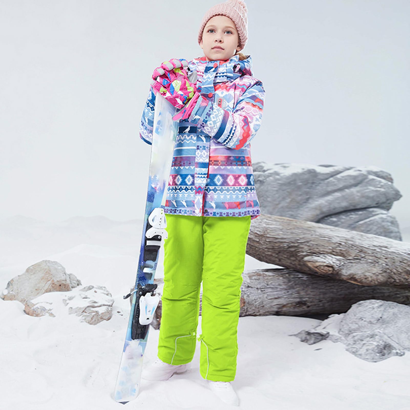 Conjunto de traje de esquí infantil de 2 piezas con capucha, traje de nieve impermeable a prueba de viento para niños y niñas, chaqueta de esquí cálida y pantalones de esquí, pixeles +