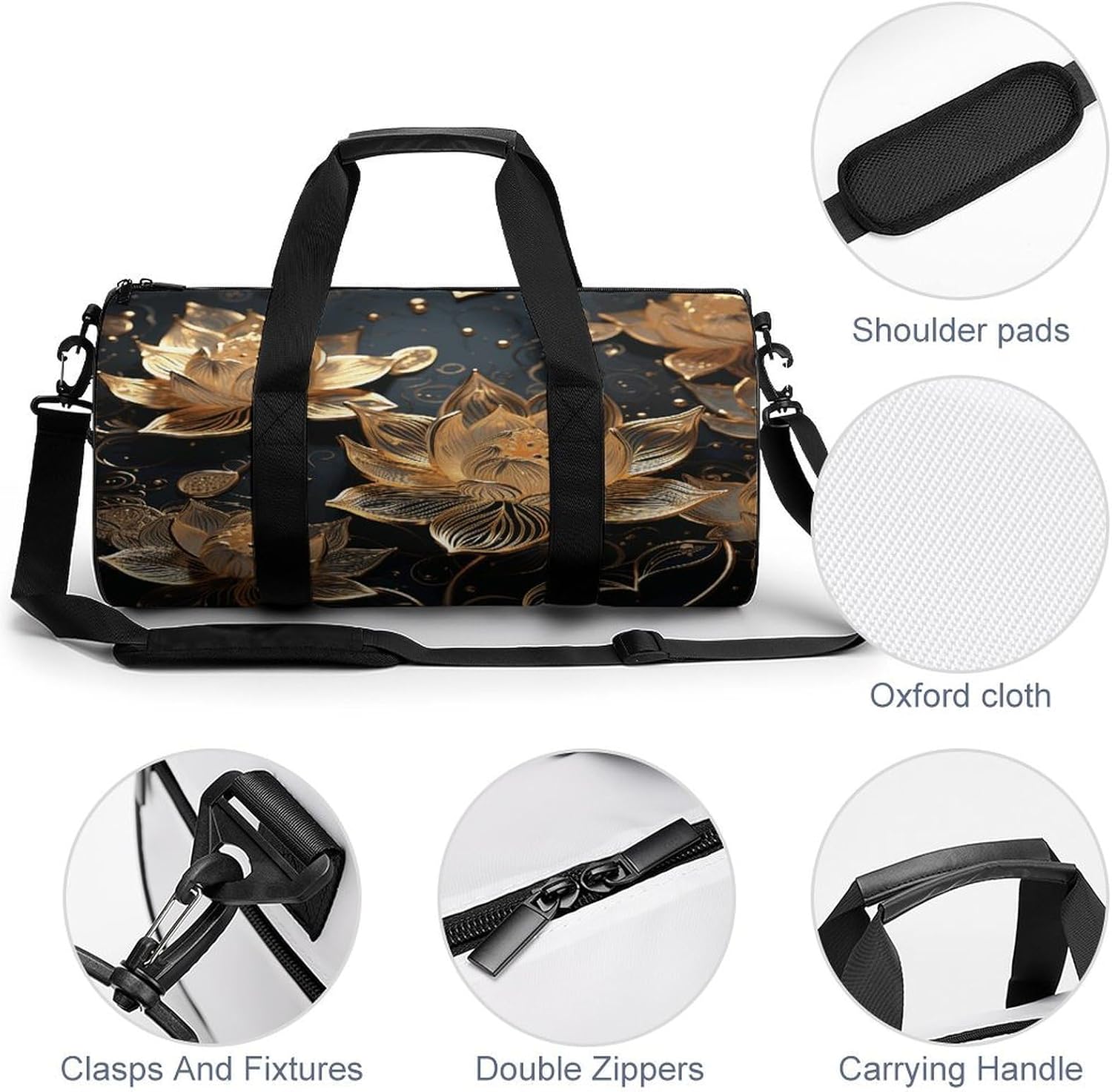 Aesthetic Sports Bag for Women Boho Gold Flowers Printed Duffle Travel Bag for Men Women Mini Workout Bags Cylindrical Gym Bag