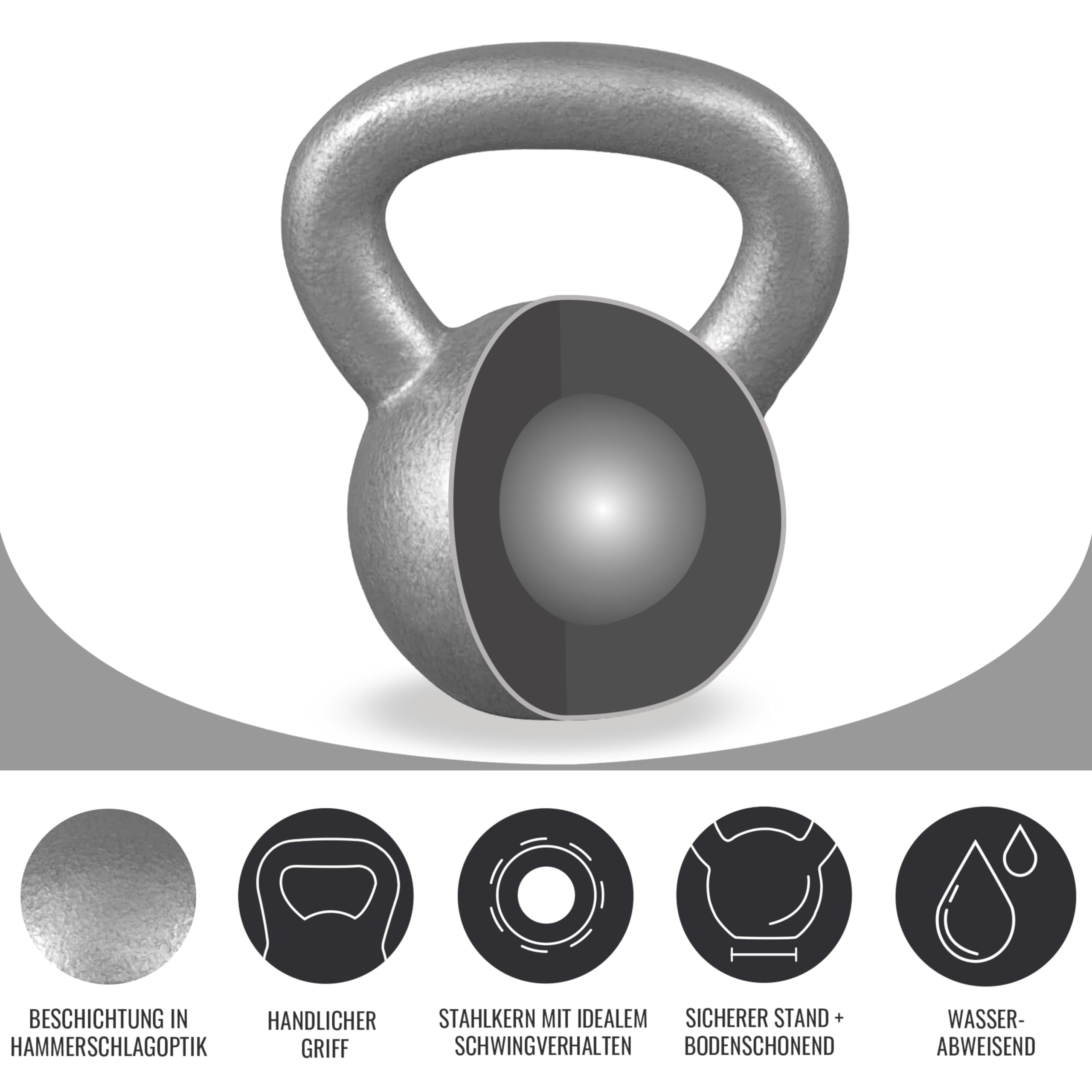 GORILLA SPORTS® Kettlebell - Peso a Scelta 2-32 kg, Singolo/Set, con Maniglia, Ghisa, Nero/Argento - Peso per Palestra, Manubri, Pesi Sfera, Allenamento della forza, Esercizi, Fitness, Casa