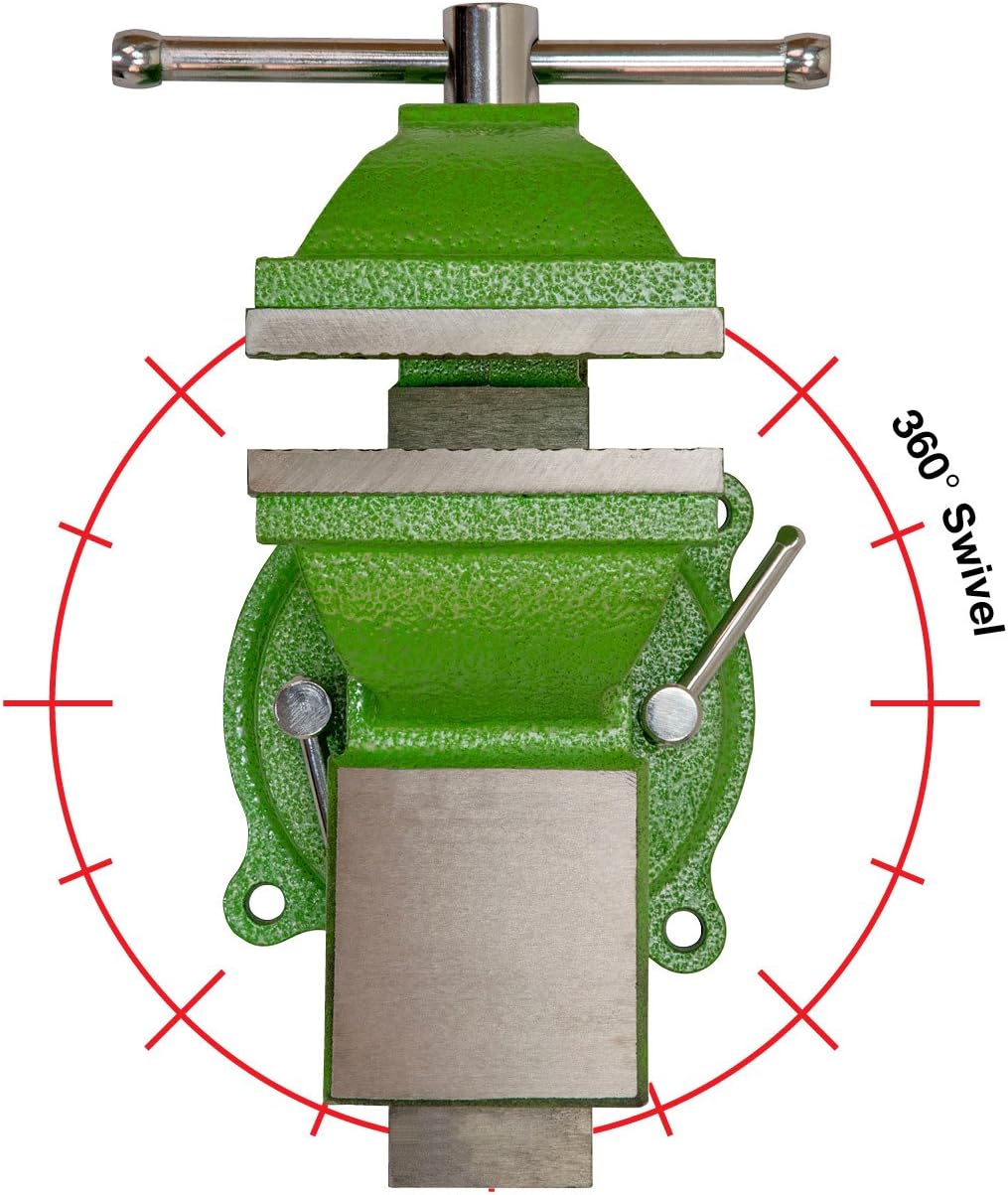 OEMTOOLS 24217 4-Inch Heavy Duty Bench Vise with 360-Degree Swivel Base, Table Vise or Bench Vise for Workshop and Woodworking, No-Hassle Permanent Mounting, Green