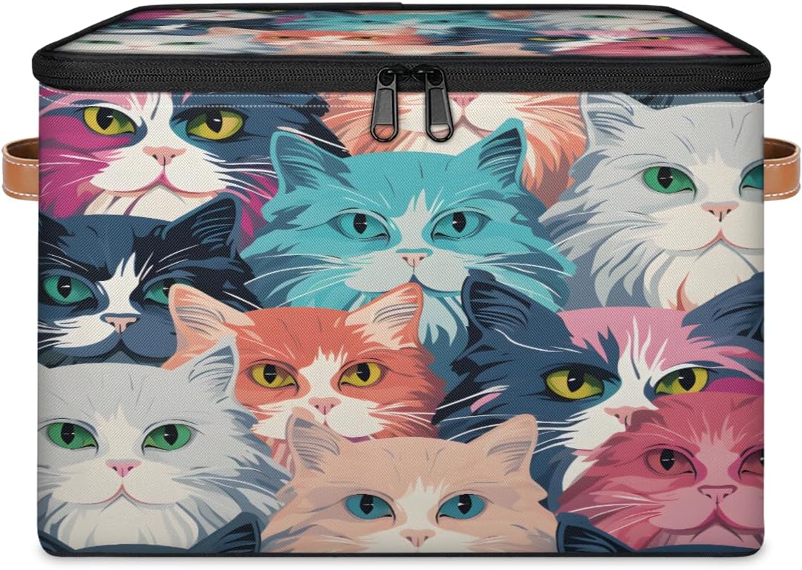 Storage Bin Set of 2 Colorful Cats Storage Basket with Zipper Lid & Handle Foldable Closet Shelf 2 Pack Cloth Organizer Basket Cube Bins Clothes Organizer for Bedroom, Nursery