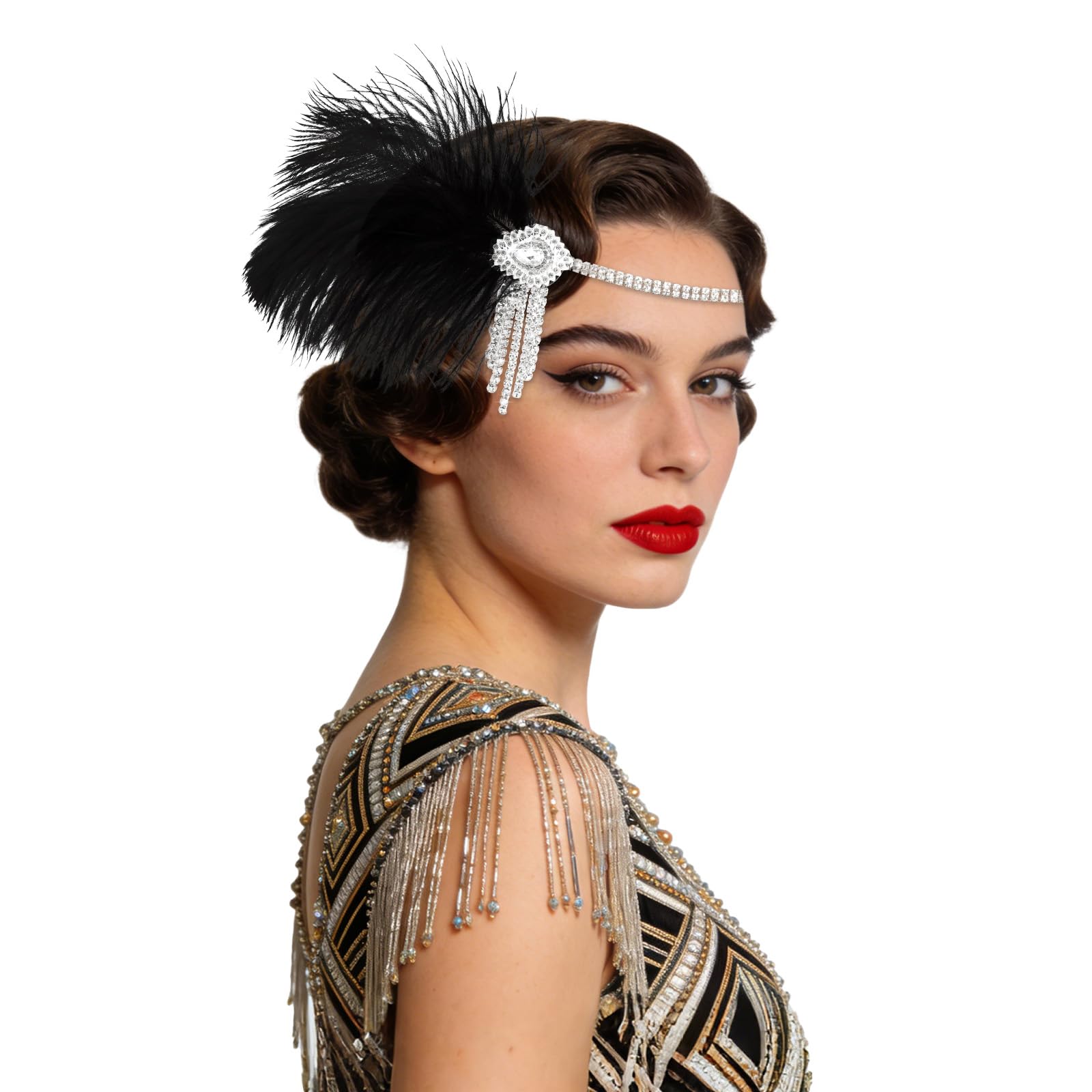 CURASA 1920s Flapper Headpiece Roaring 20s Great Gatsby Headband Black Feather Accessories Sparkly Crystal Headwear Vintage Costume Flapper Dresses Outfit For Women Showgirl Cocktail Wedding Prom