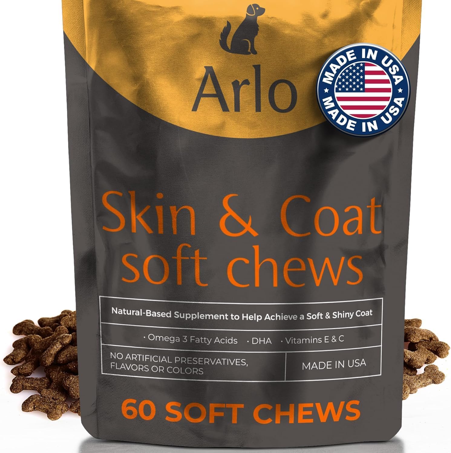 Arlo Pet Skin & Coat Supplement – 60 Soft Chews for Dogs with Omega-3, DHA, Vitamins E & C, Promotes Shiny Coat Defense for Dogs, Healthy Skin, Dog Skin Care, Itchy Skin Home Remedy