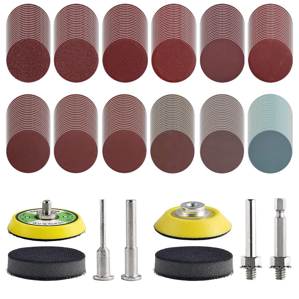 244Pack 2inch Sanding Discs Pad with 2Pcs Soft Foam Buffering Blocks Variety Kit, Hook and Loop Sandpaper P80 to 3000 Grits with Dual Shank, for Woodworking Drill Metal Polishing