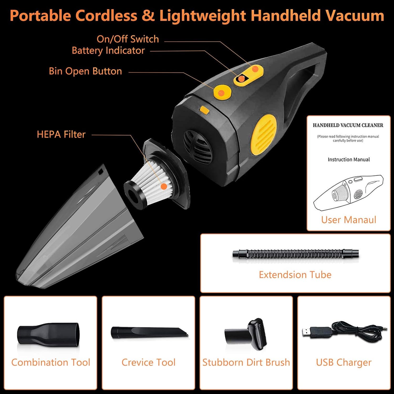 Portable Cordless Handheld Vacuum Cleaner, Generic 150W High Power, 8000PA Strong Suction, Wet & Dry Use, 2 Modes for House, Car, Office(Grey & Yellow) -