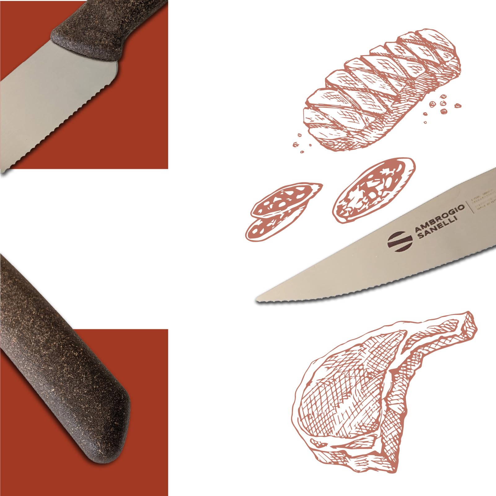 SteaKing Ambrogio Sanelli - Set da 4 - Coltello Bistecca, lama Microdentata cm 13 in Acciaio Inox NitroB e Manico in SEBS, Coltello Professionale, Made in Italy