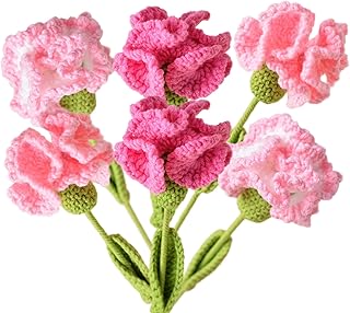 Xuoxeji Crochet Flower, Cute Woven Carnation Bouquet, Artificial Crochet Flowers for Women, 6PCS Handmade Knitted Carnation Flower Decor Desk Home(Pink)