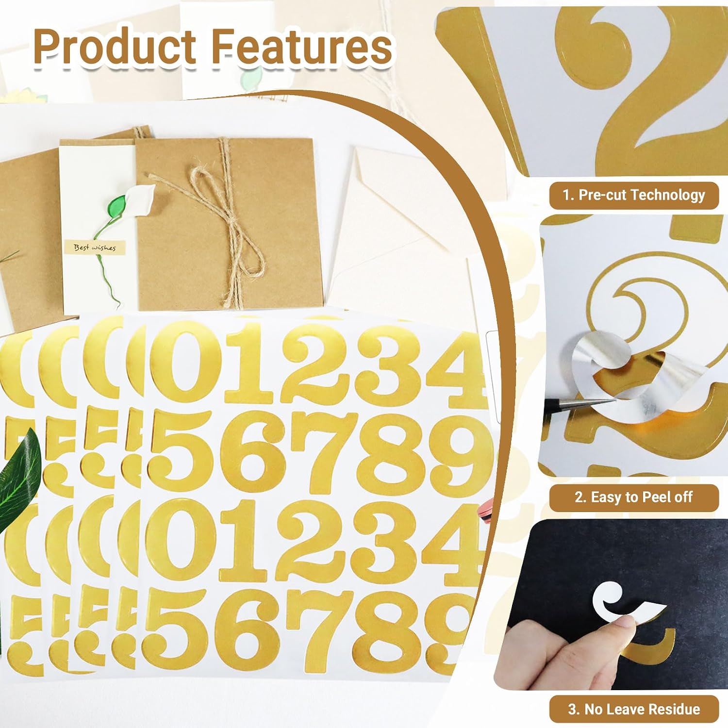 2 Inch Vinyl Gold Number Stickers, 160 Pieces Self Adhesive Numbers