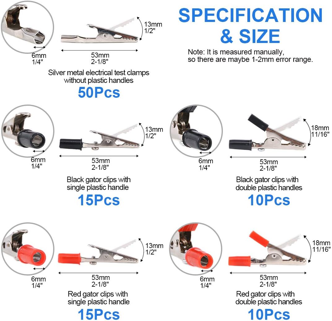 Glarks 100Pcs 3 Style 2.1''/53MM Metal Alligator Clips Crocodile Electrical Test Clamps Assortment Kit for Laboratory Testing, 50pcs with Red Black Plastic Hands and 50pcs no Cap