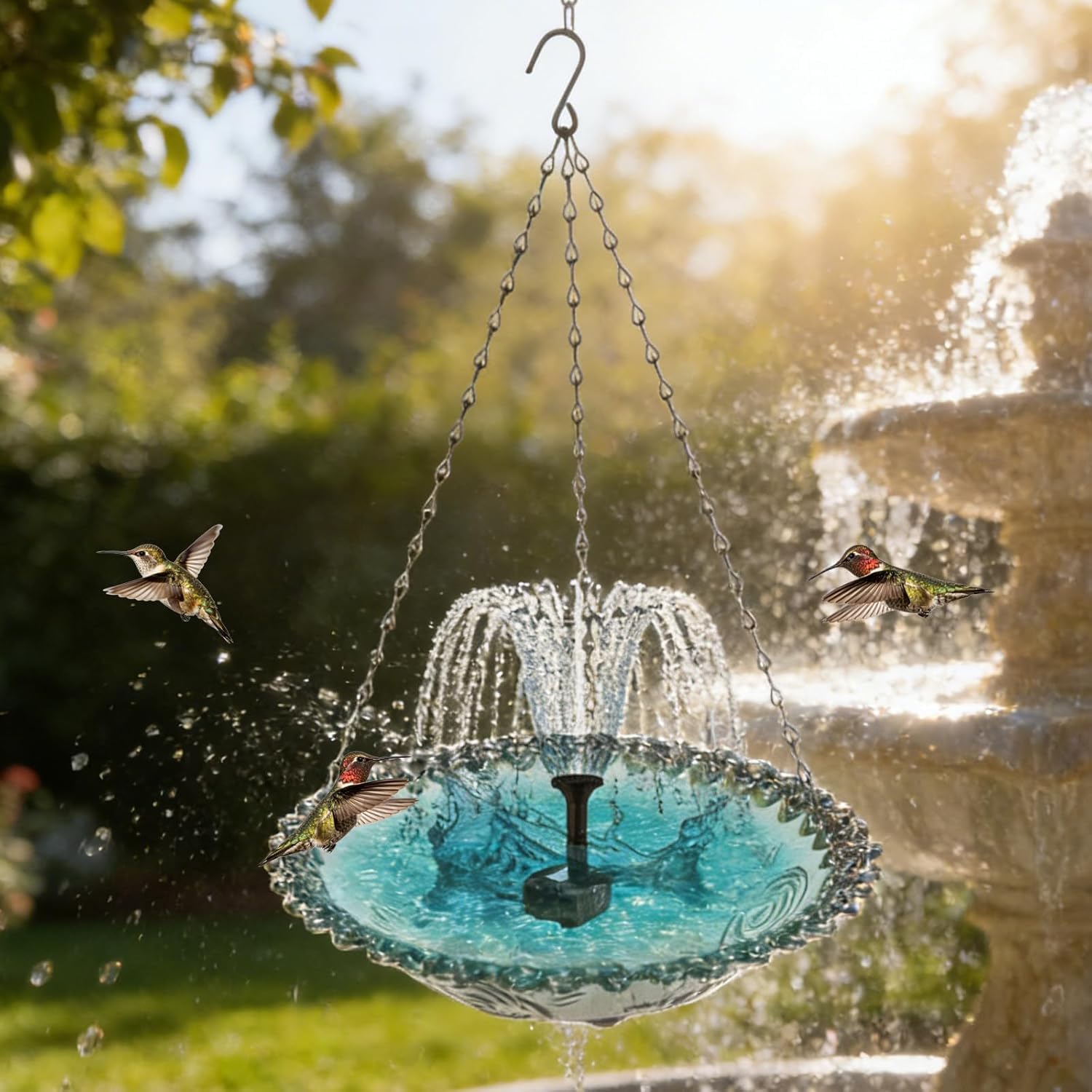 2026 New Solar Cascade Hanging Bird Bath Fountain, Hanging Bird Bath with Solar Fountain, Outdoor Water Feature with Pump, Glass Bowl, Weatherproof, Attracts Wild Birds & Hummingbirds (Blue)