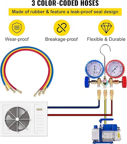 Miniatura 5 de VEVOR 3CFM 14HP Bomba de vacío de aire de una sola etapa HVAC R134a R12 R22 R410a AC Kit de refrigeración AC Manifold Gauge R134 Incluido Tote
