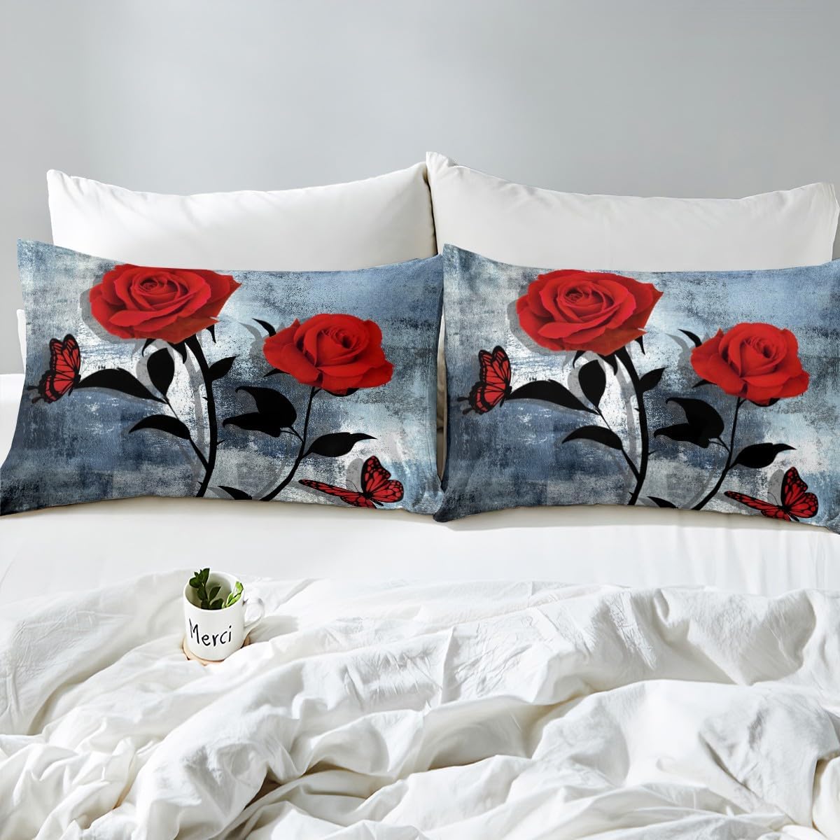 Romantic Red Rose Sheet Set for Kids Boys Girls,Teal Grey Bed Sheets Queen,Retro Watercolor Ombre Bedding Set Bedroom Decor,Contemporary Oil Painting Fitted Sheet + Flat Sheet + 2 Pillowcases Soft
