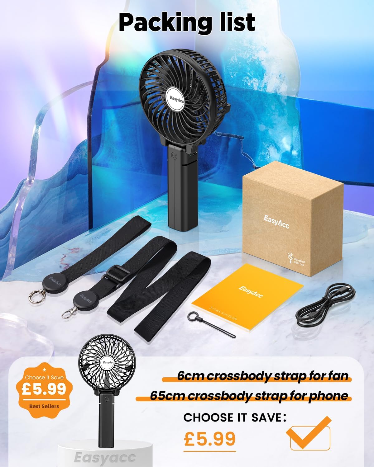 EasyAcc Mini Handheld Fan, Portable Fan Small USB Desk Fan Personal Hand Fan 3 Speed 10H Working Hours Rechargeable Battery Cooling Folding Fan for Travel Outdoor Office Household - Image 7