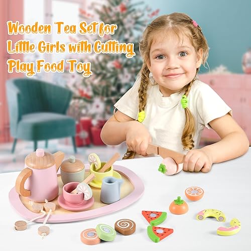 Miniatura 4 de Juego de té de madera, juego de té para niñas pequeñas de 1 a 3 años, juegos de té para niñas de 2 a 4 años con juguetes de madera, comida de
