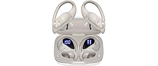 PocBuds Bluetooth Headphones Wireless Earbuds 80hrs Playtime Wireless Charging Case Digital Display Sport Ear Buds with Earhook Deep Bass IPX7 Waterproof Over-Ear Earphones for Phone Laptop Beige