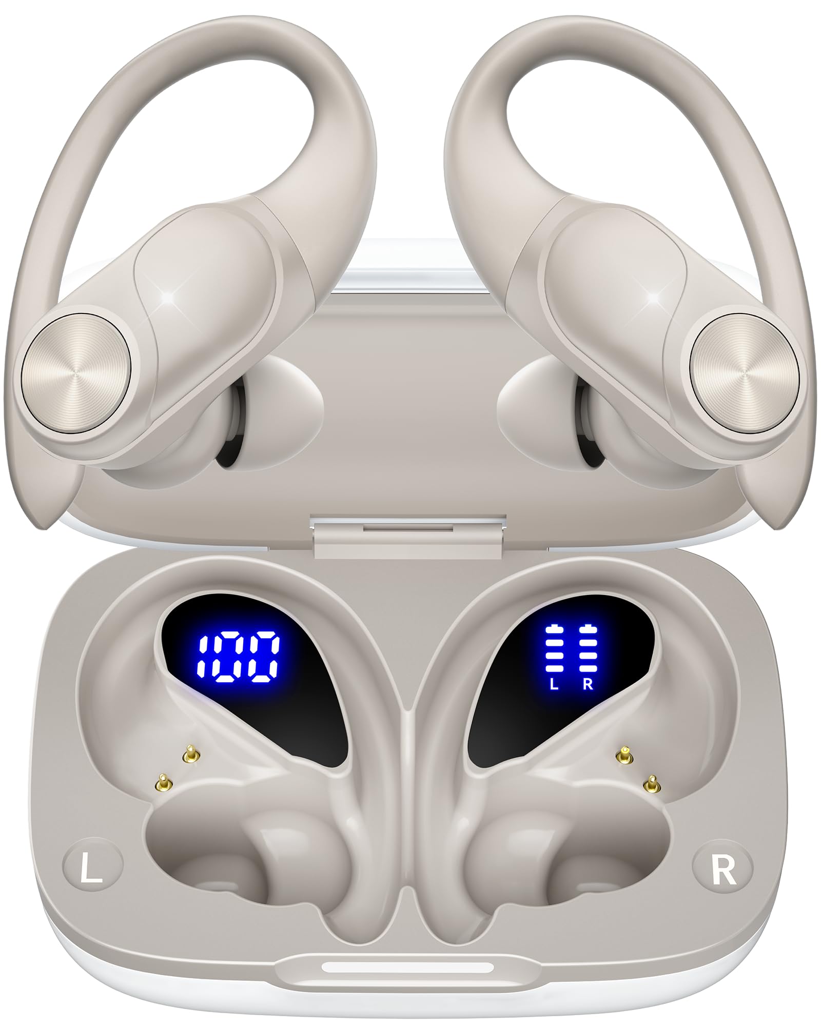 PocBudsBluetooth Headphones Wireless Earbuds 80hrs Playtime Wireless Charging Case Digital Display Sport Ear Buds with Earhook Deep Bass IPX7 Waterproof Over-Ear Earphones for Phone Laptop BeigeGlobal Recycled StandardGlobal Recycled StandardClimatePartner certifiedGlobal Recycled Standard