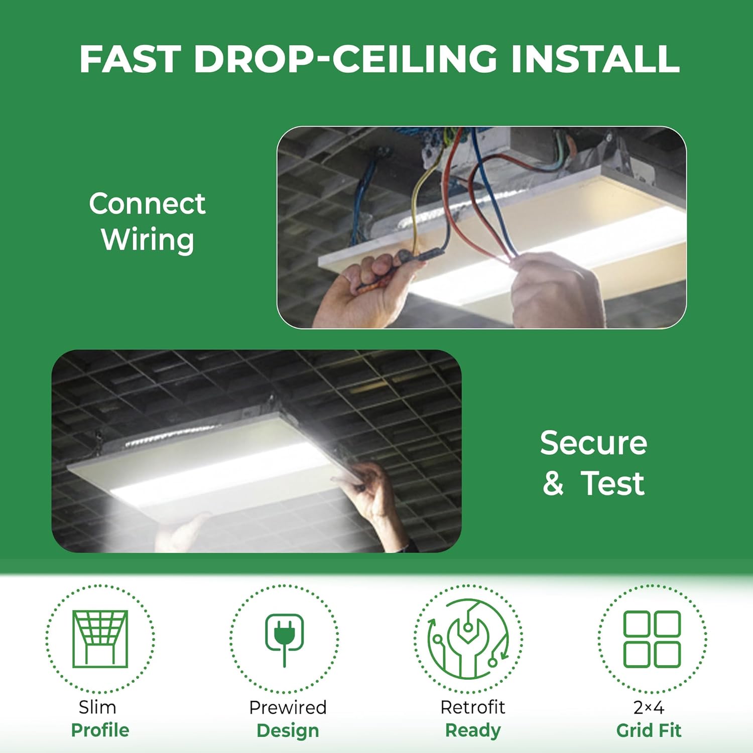 E2 LIGHTING 2 Pack 2x4 LED Troffer 2x4 Light with Emergency Battery Backup, 90-Min Emergency Mode at 8W, 4000K, Wattage Tunable 24W/36W/42W/50W, 0-10V Dimmable UL & ETL