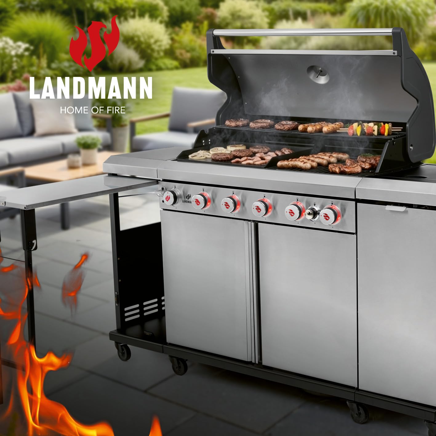 LANDMANN Barbacoa de gas 6.1 con 6 quemadores, zona MaxX, gran superficie de parrilla y rejillas de hierro fundido, potente parrilla para jardín y exterior, con reguladores LED y mesa lateral para una