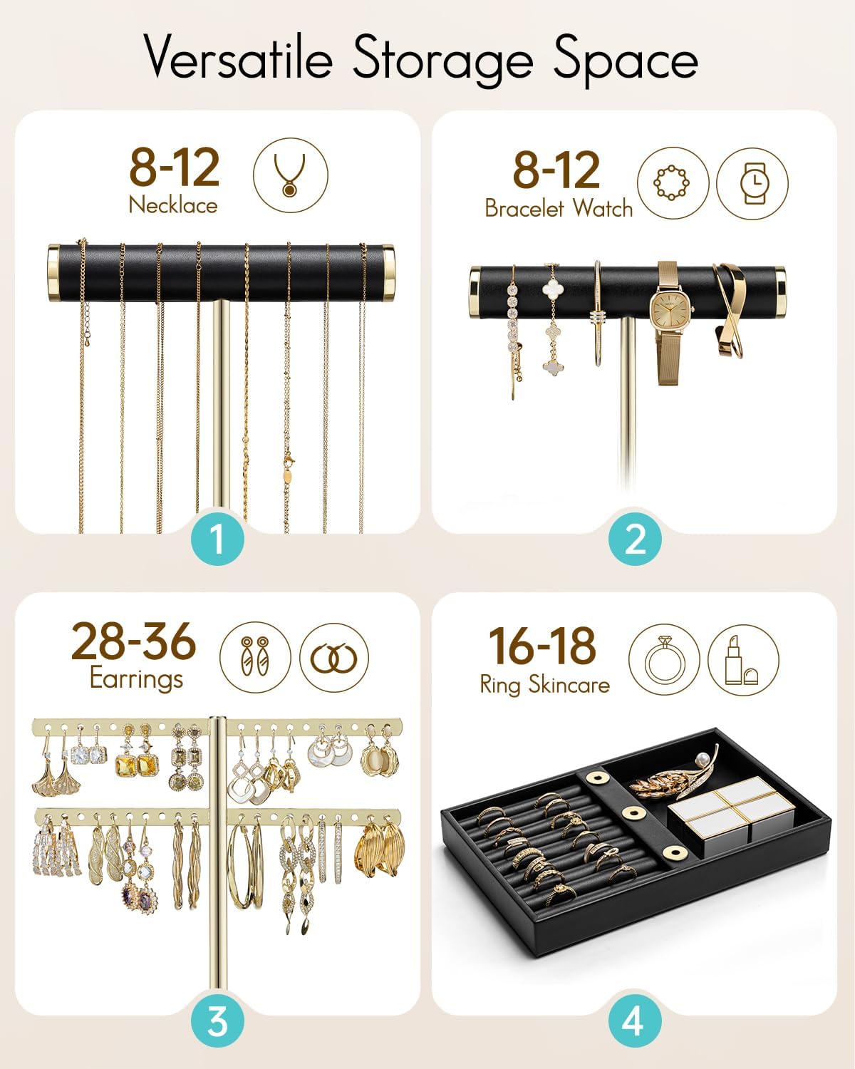 Vlando 3 Tier Necklace Holder Organizer with Tray, Leather Bracelet Holder Display for Women, Gold Jewelry Stand for Bracelet, Necklace, Earrings, Rings - Black - Image 2