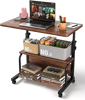 Portable Rolling Desk on Wheels Adjustable Height Desks for Small Spaces, 32" Computer Desk with Storage Shelves for Home Office Rustic