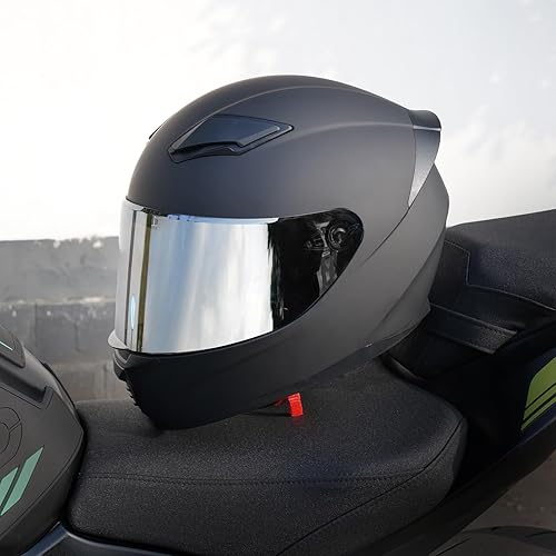 Miniatura 2 de Casco integral negro para motocicleta, motocicleta de calle, carreras para adultos, WS-607 aprobado por DOT (con cromo plateado, L)