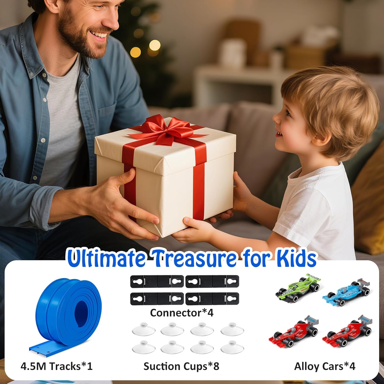 Flex Track 15 Ft Starter Set,Double-Sided Racetrack for 1:64 Diecast Cars Toys for Kids Blue Long Rolls Up Portable Racetrack with 4 Cars & 8 Suction Cups