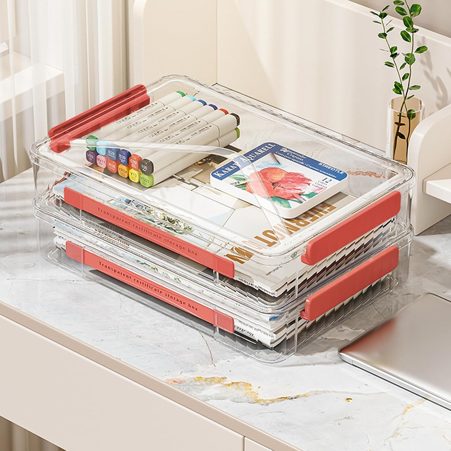 VANRA Clear File Storage Box with Latching Lids Stackable Project Case Organizer Plastic Stacking File System Office Magazine Storage Bin School Supplies Container Portable with Handle (1 Red, L)