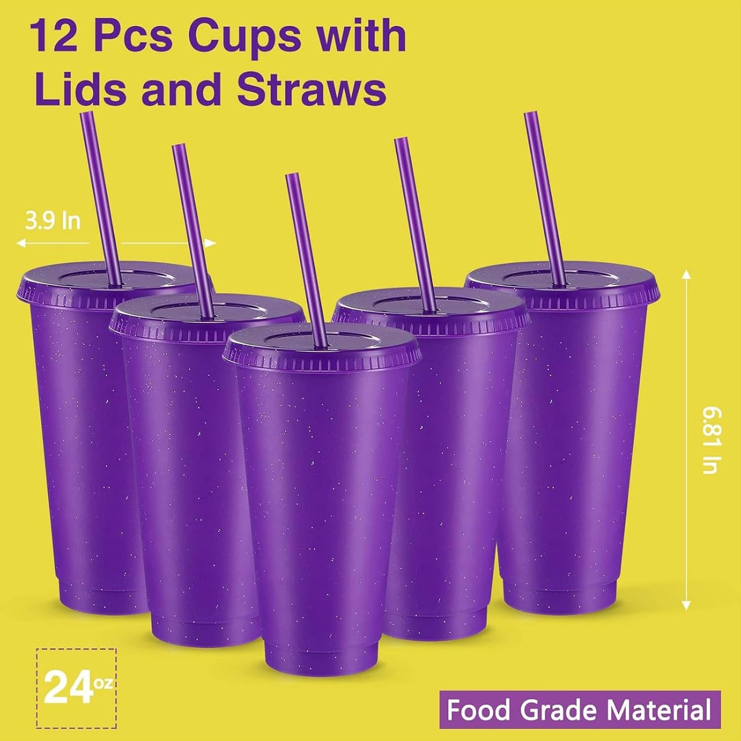 Amyhill 12 Pcs Reusable Glitter Cups with Lids and Straws 24 oz Plastic Tumbler Iced Coffee Cup Travel Mug for Smoothie Juice Birthday Sleepover Party Supplies for Valentine Girl(Purple) - Image 2