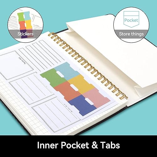 Miniatura 5 de Alltree Cuaderno de cuadrícula en espiral para el trabajo, cuaderno de espiral de tapa dura de cuero con pestañas, bucle para bolígrafo, bolsillo,