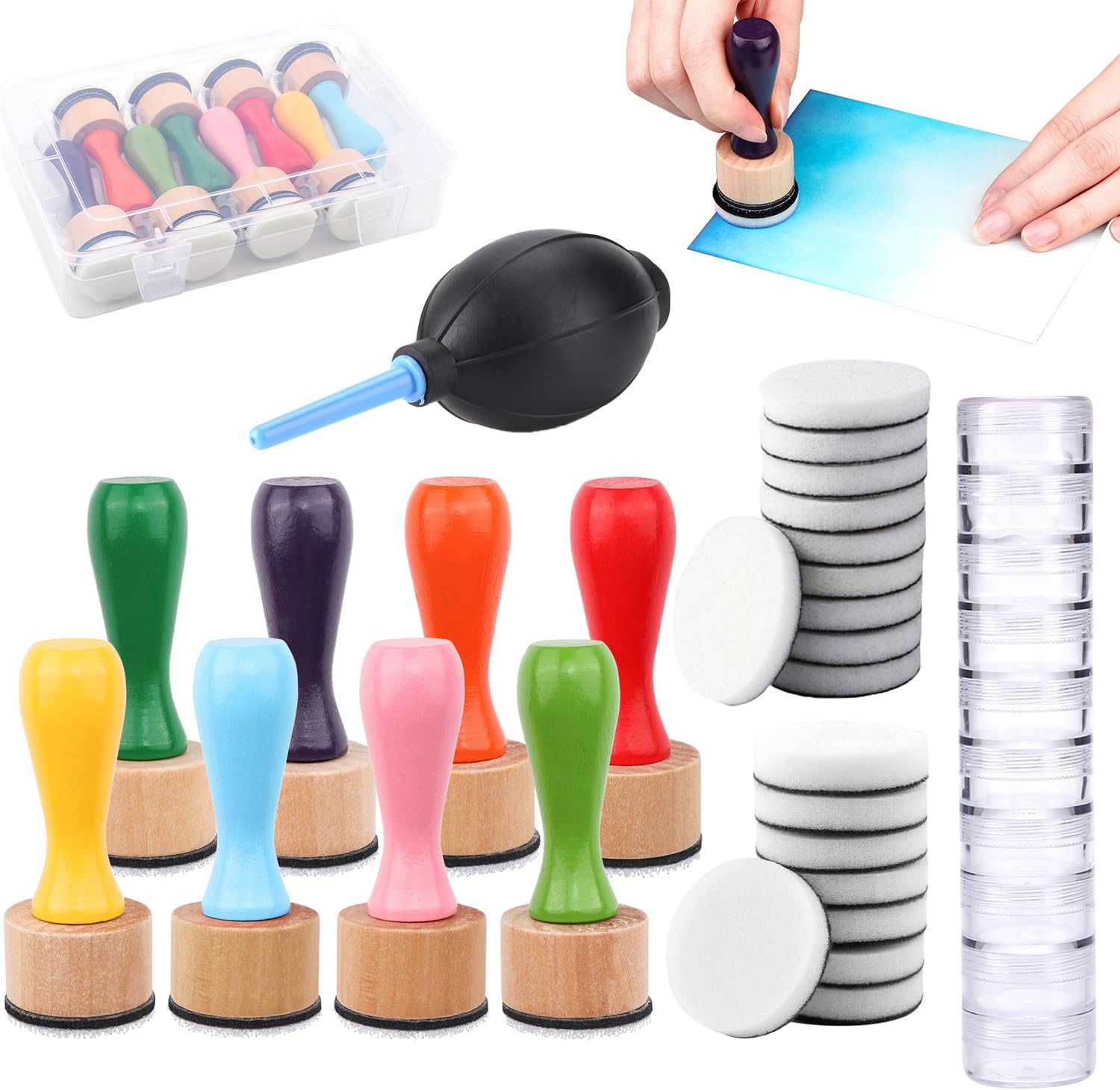 BAOFALI 29Pcs/Set Ink Blending Ink Air Blower Tool,with Foams Replacement Refill Foam Storage Box Tool for Foams Scrapbooking Painting Drawing Art Supplies Handle Ink Tools (8 Colors Handle)