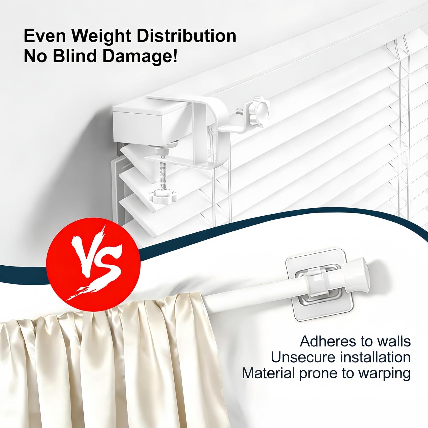Inside Mount Curtain Rod Bracket for Blinds, No Drill Blind Adapter, Easy 1-Min Tool-Free Install, No Wall Damage, Adjustable 0.8–2.2" Headrail, Fits 1" Rod, for Apartments & Rentals, White, 2 Pack