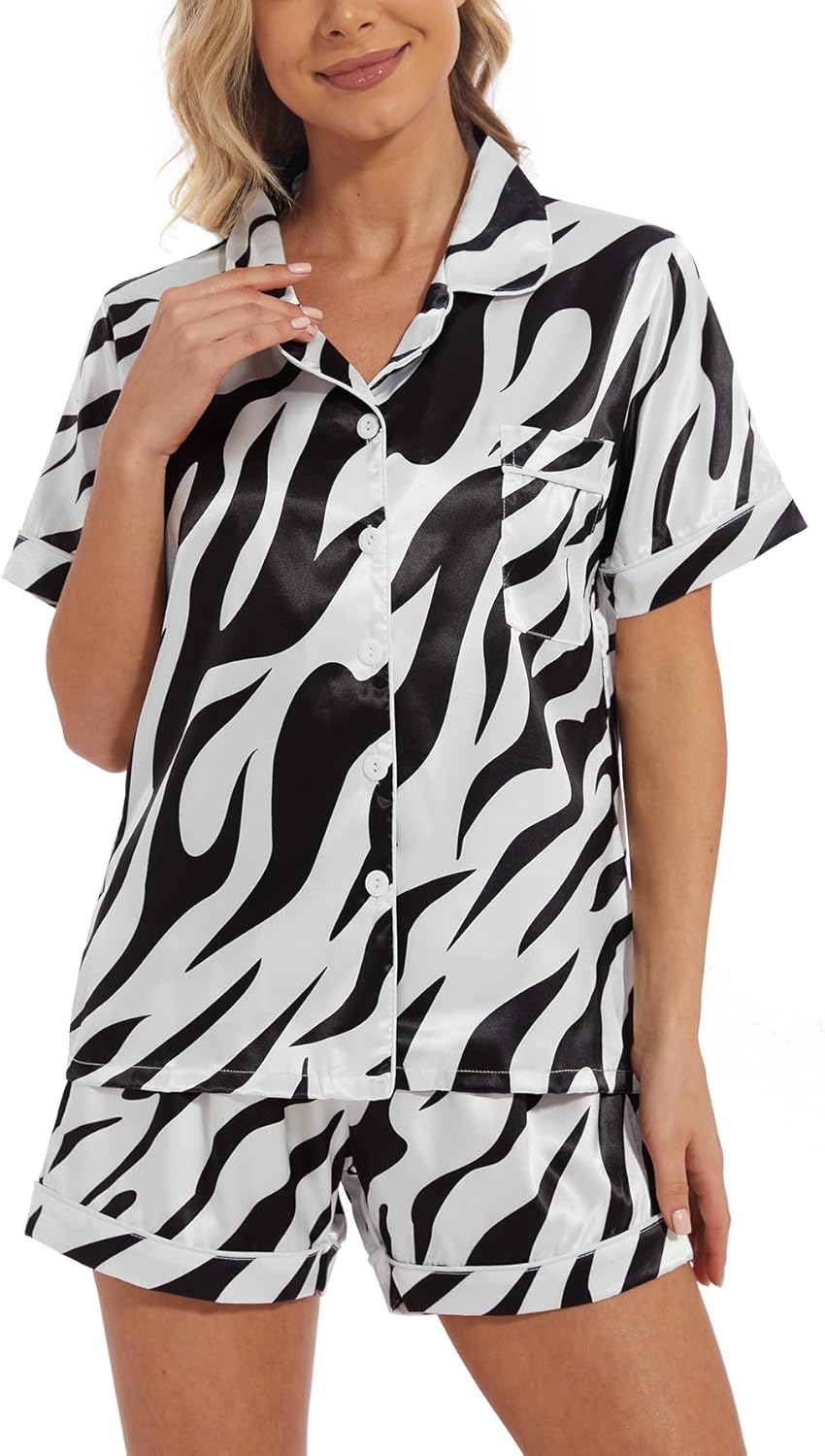 YIJIU Womens Silk Satin Pajamas Set Short Sleeve Sleepwear Soft Button Down Loungewear Two-piece Pjs Sets XS-XXL Short XX-Large Zebra