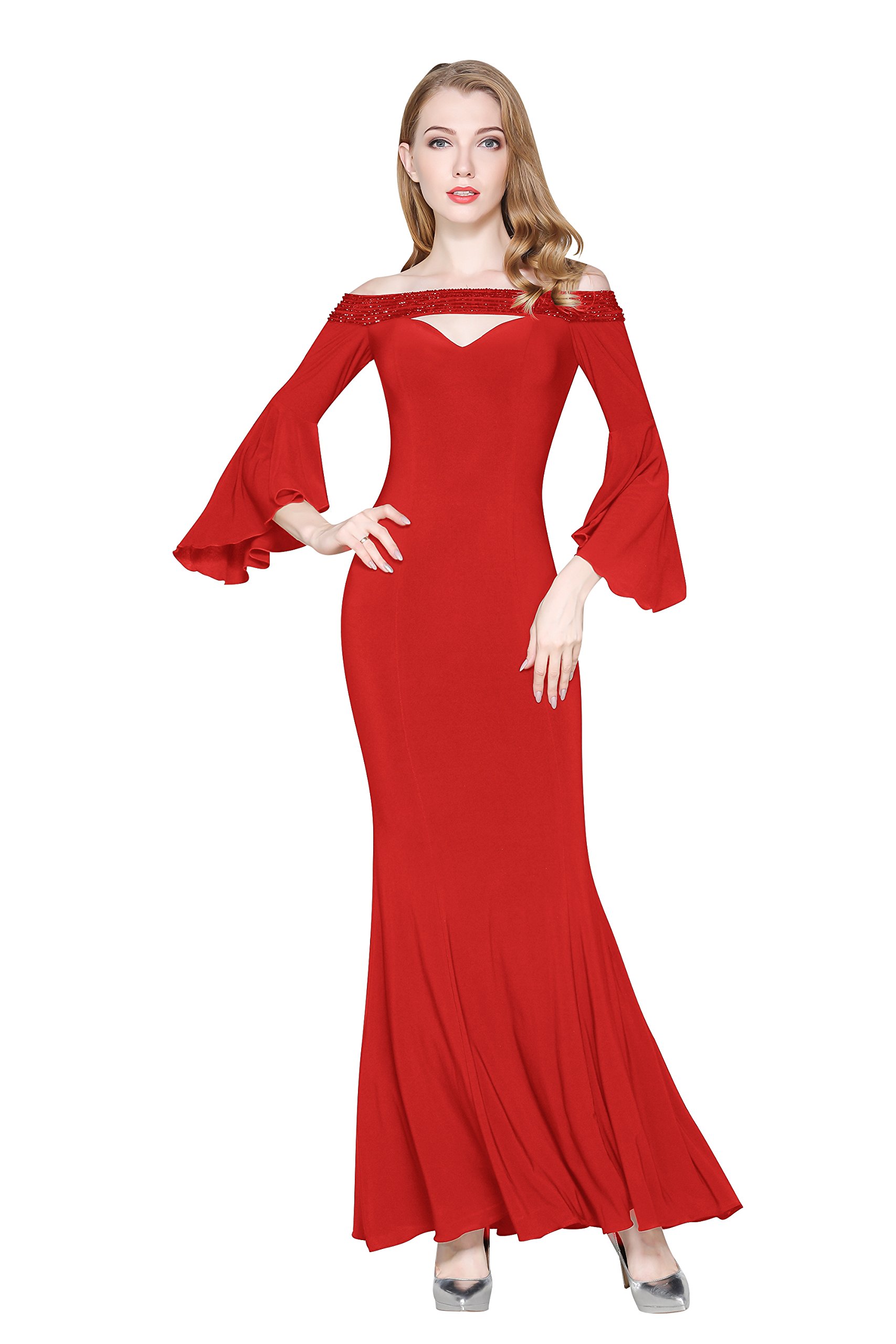 Women's Crystal Beaded V Neck Cold Shoulder Prom Dresses Formal Long Evening Gowns (4, Red)