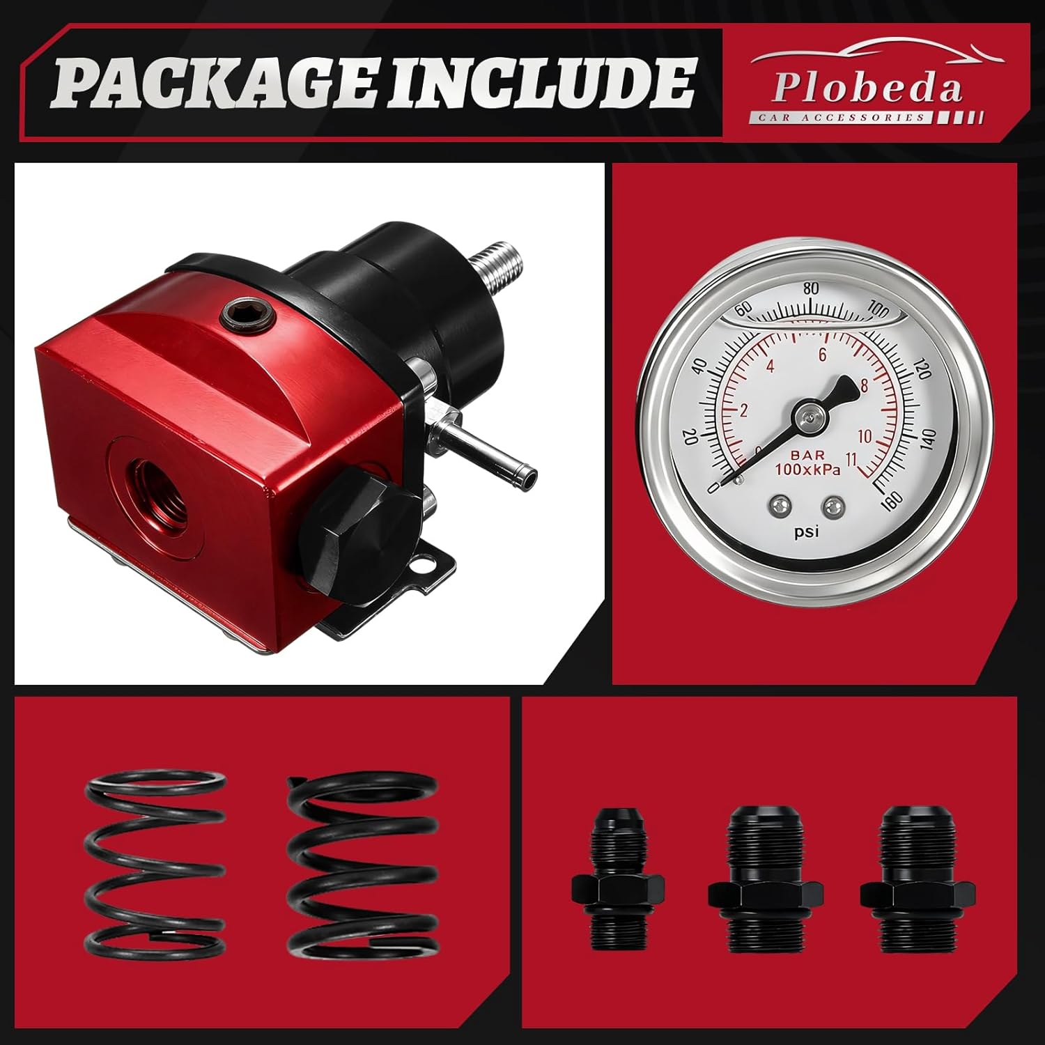 EFI Fuel Pressure Regulator Kit with Bypass Return 0-160psi Pressure Gauge AN6-6AN Fuel Line Hose Fitting Connectors Kit Adjustable Universal Aluminum (Black & Black) (Black & Red)