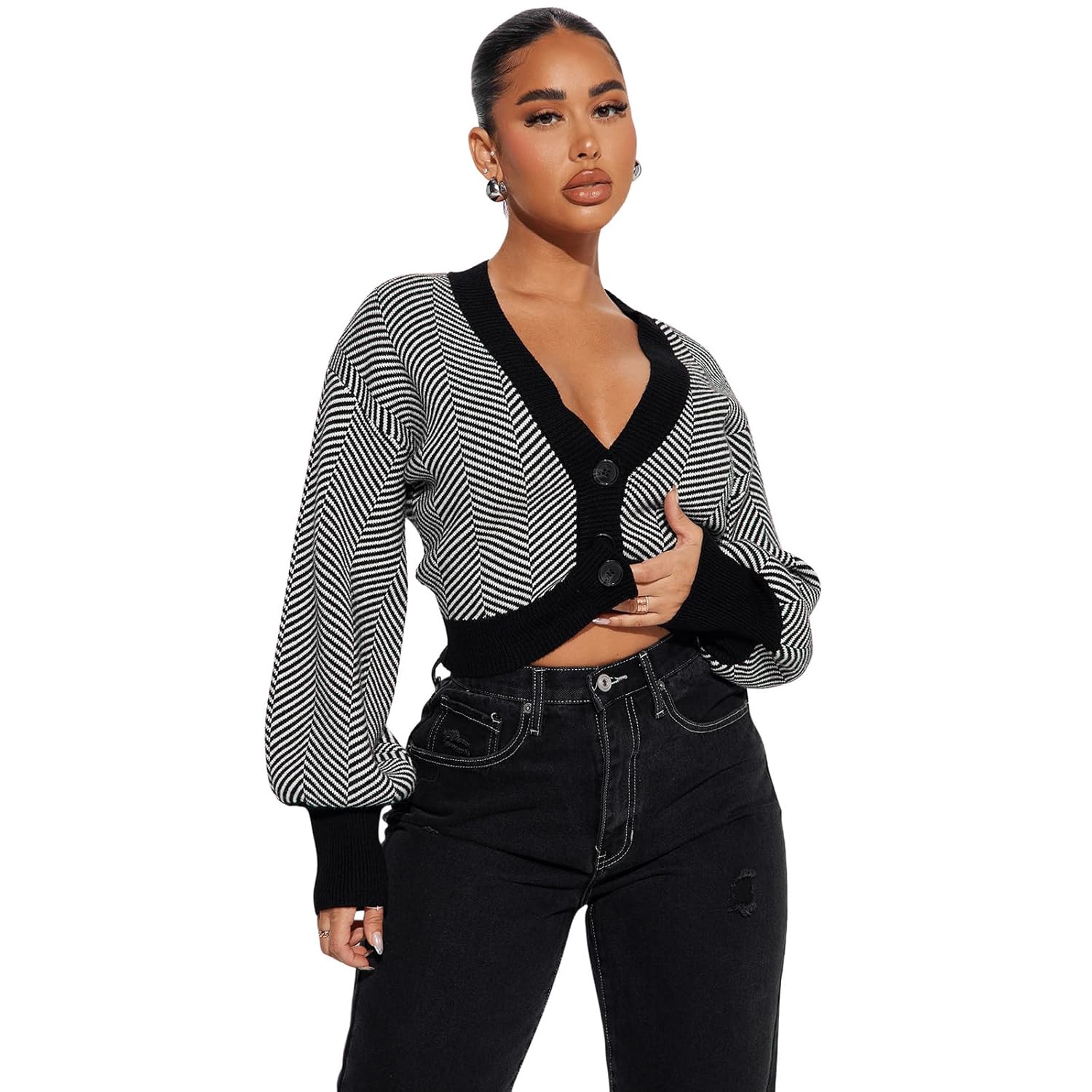 Cropped Sweaters for Women Crop Sweater Lightweight V Neck Open Front Button Down Cardigan Casual Long Sleeve Shrug