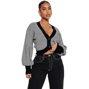 Cropped Sweaters for Women Crop Sweater Lightweight V Neck Open Front Button Down Cardigan Casual Long Sleeve Shrug