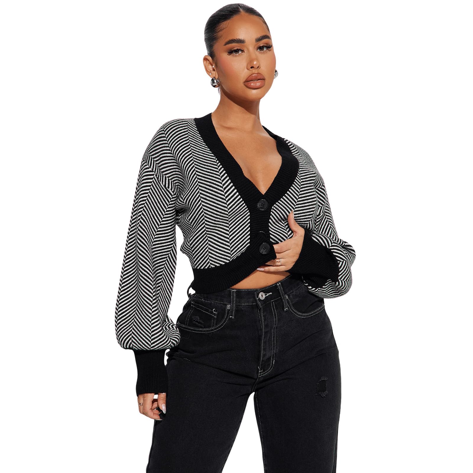 Cropped Sweaters for Women Crop Sweater Lightweight V Neck Open Front Button Down Cardigan Casual Long Sleeve Shrug