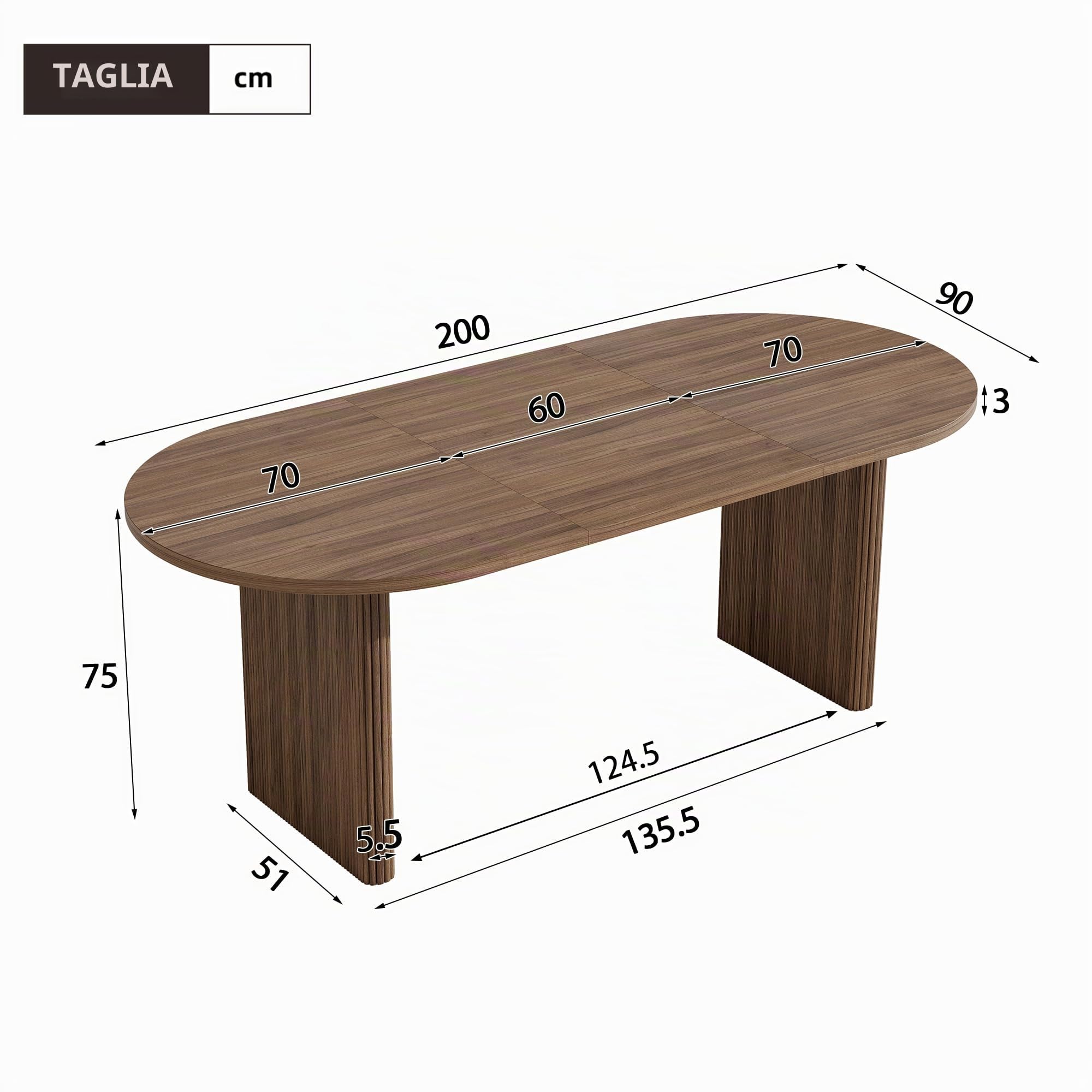 Tavolo da pranzo allungabile 140/200 x 90 cm, tavolo da pranzo per 6-8 persone, tavolo da cucina con piano da 3 cm, angoli arrotondati e gambe lamellari, moderno tavolo da pranzo in noce (noce