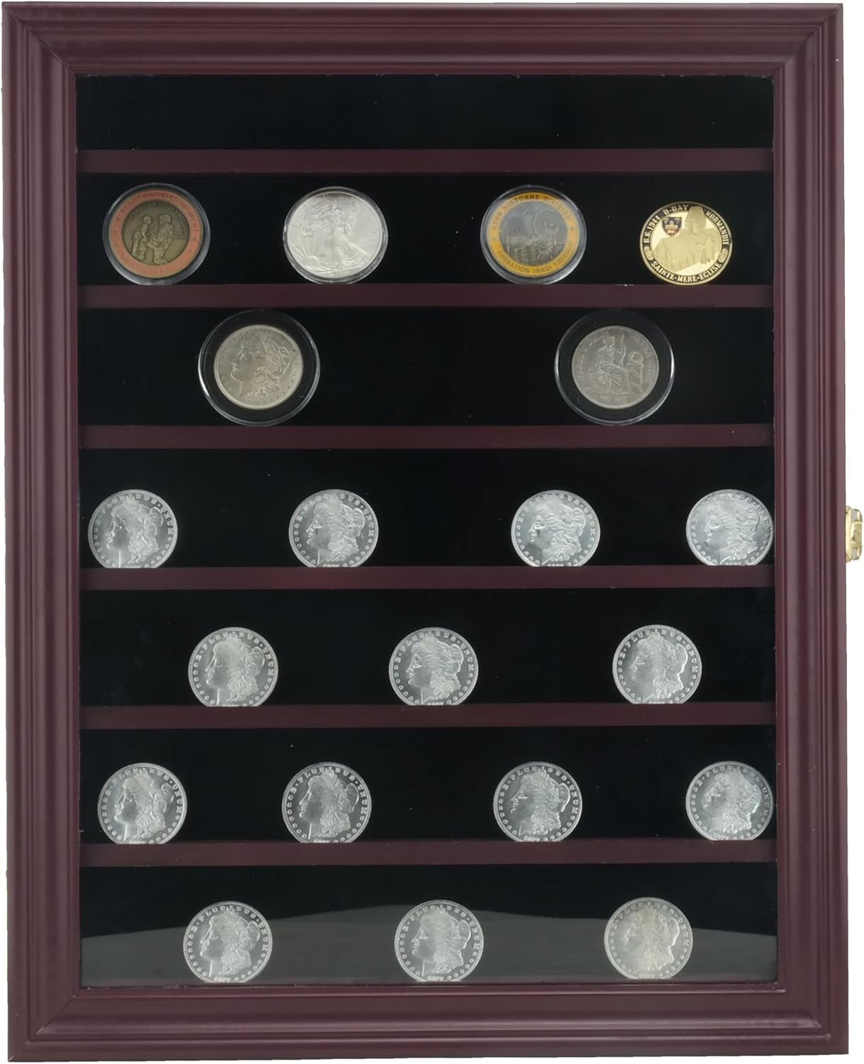 Ursae Minoris Wood Seven Shelf Wall Display Case for Challenge or Collectible Coins Raw or in Capsules, Coins in Graded or Graded Style Holders, or Other Small, Flat Collectible Items, Oxblood