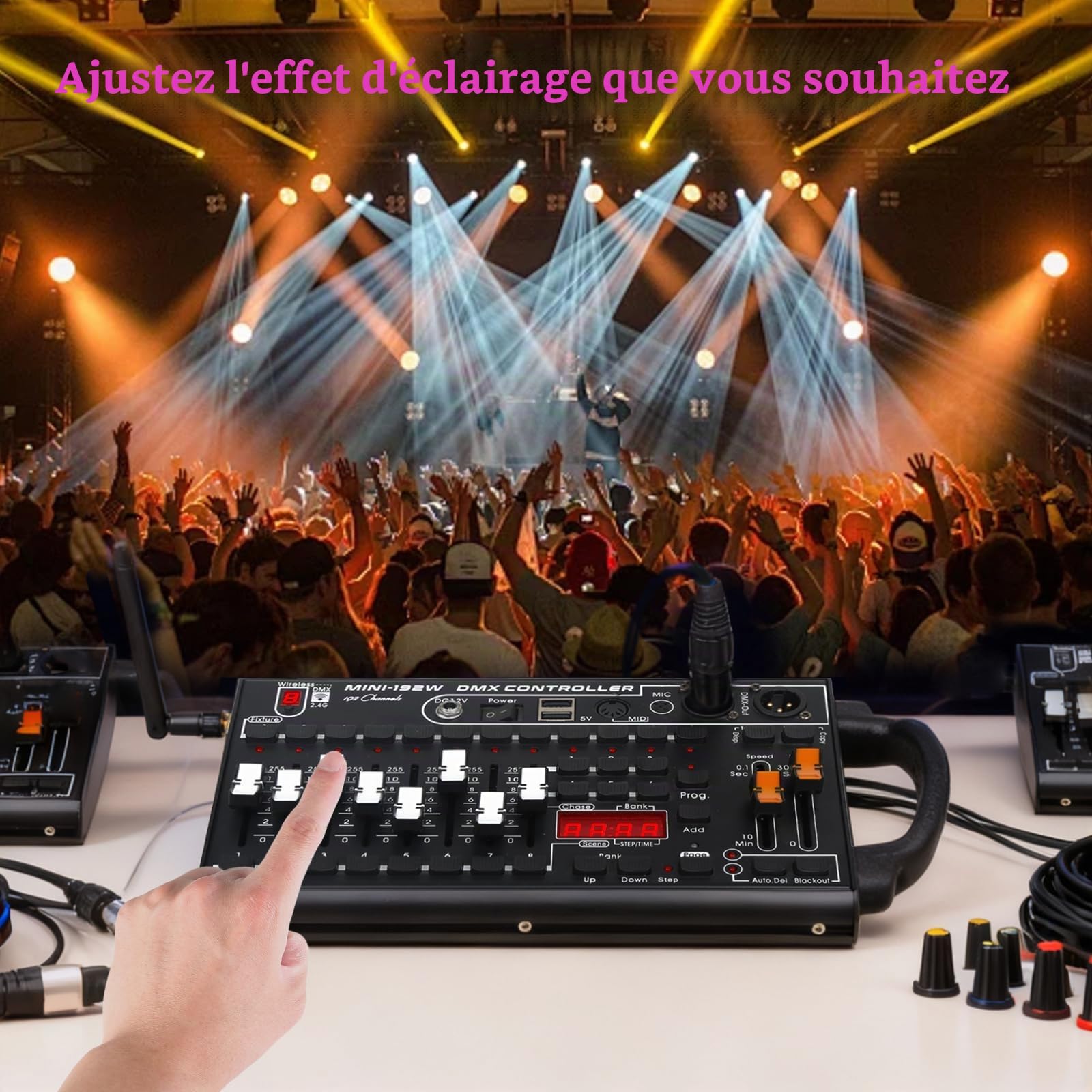 DMX512 Console professionnelle de contrôle de la lumière de scène 192 canaux pour DJ, KTV et concerts Système de contrôle de la lumière sans fil