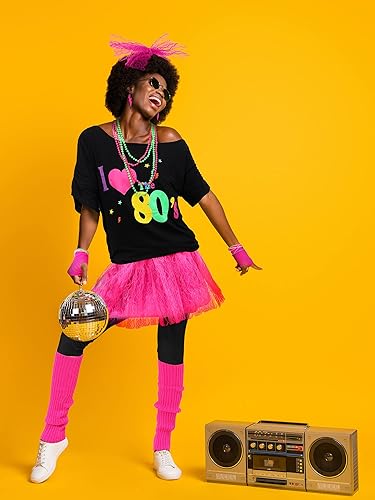 Miniatura 5 de Vabean Juego de 19 piezas de disfraz de los años 80, camiseta, leggings, falda tutú, diadema, collar, pulseras, aretes, guantes, calentadores