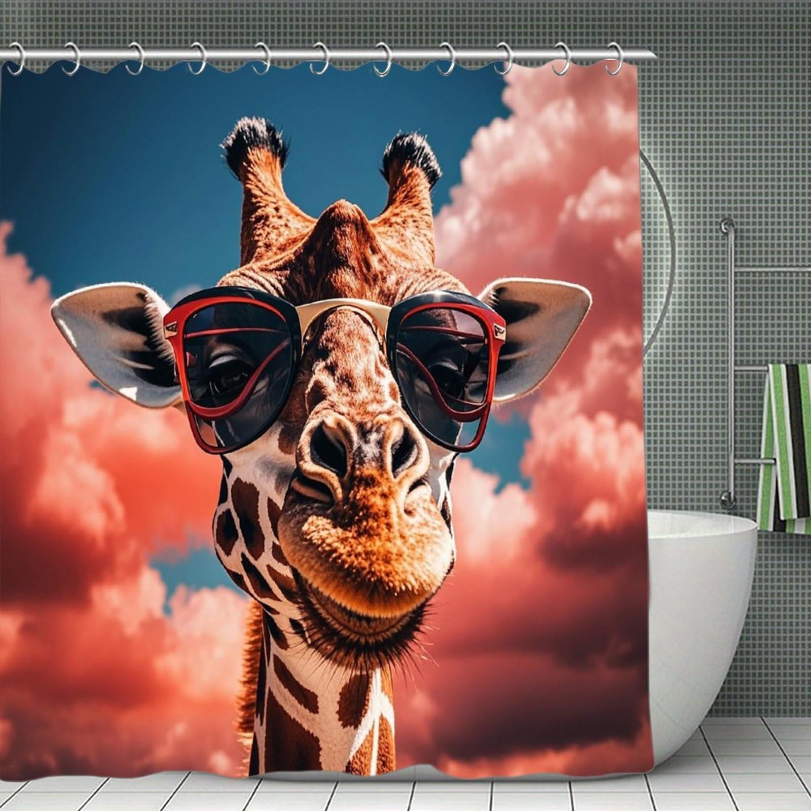FekiLoot Giraffe Wearing Sunglasses Shower Curtain Minimalist Thick Bathroom Curtain Washable Modern Bathroom Shower Curtain Heavy Duty Waterproof Cloth Bath Curtain with Hooks 70.8"x70.8"