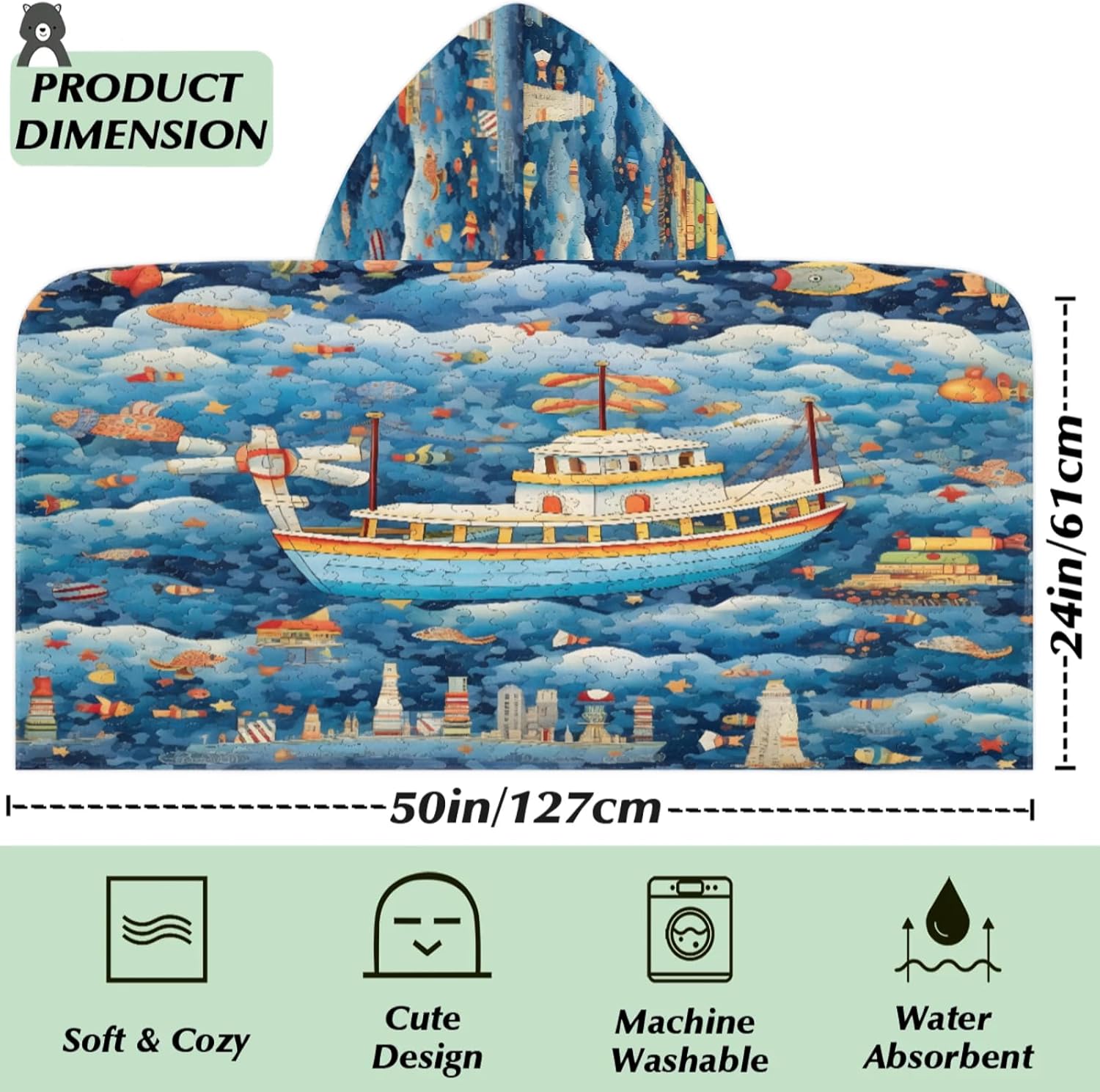 Ocean Boat Print Hooded Towels for Kids Absorbent Soft Pool Swim Beach Bath Towel for Boys Girls, 24 in x 50 in